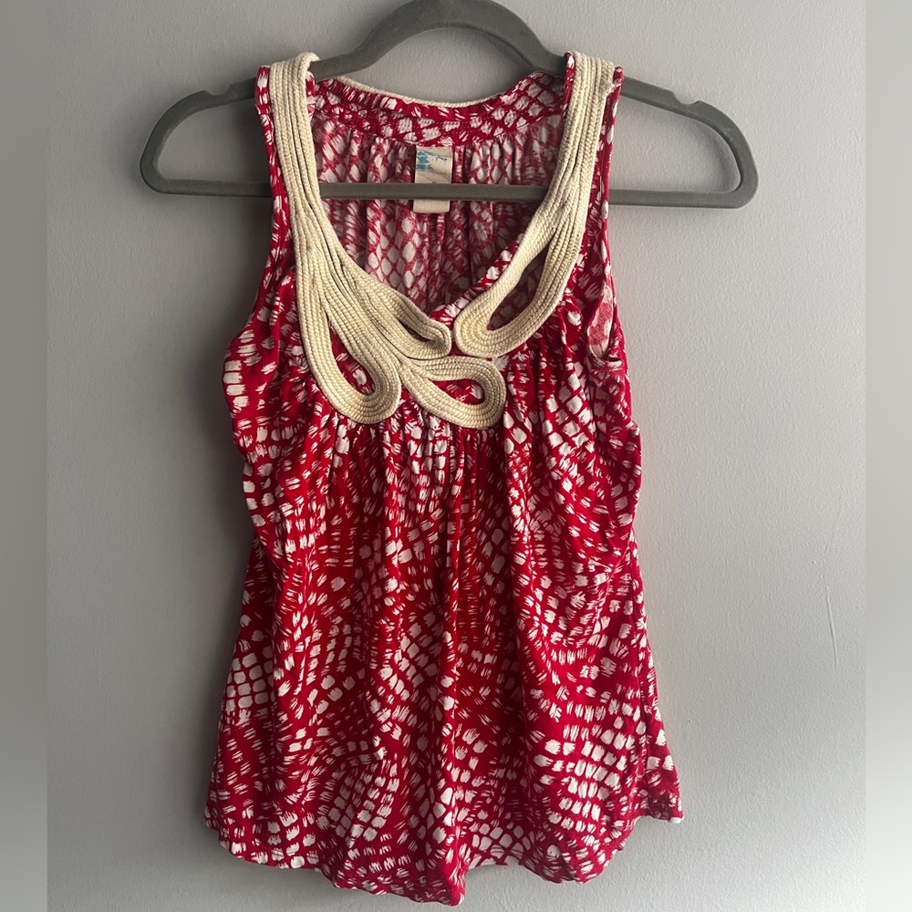 Red Pattern Tank Top Rope Neckline